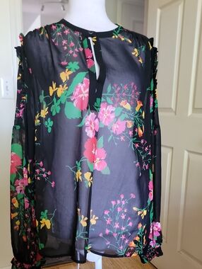 Floral Sheer Button-Neck Blouse Jacket - Black Floral
